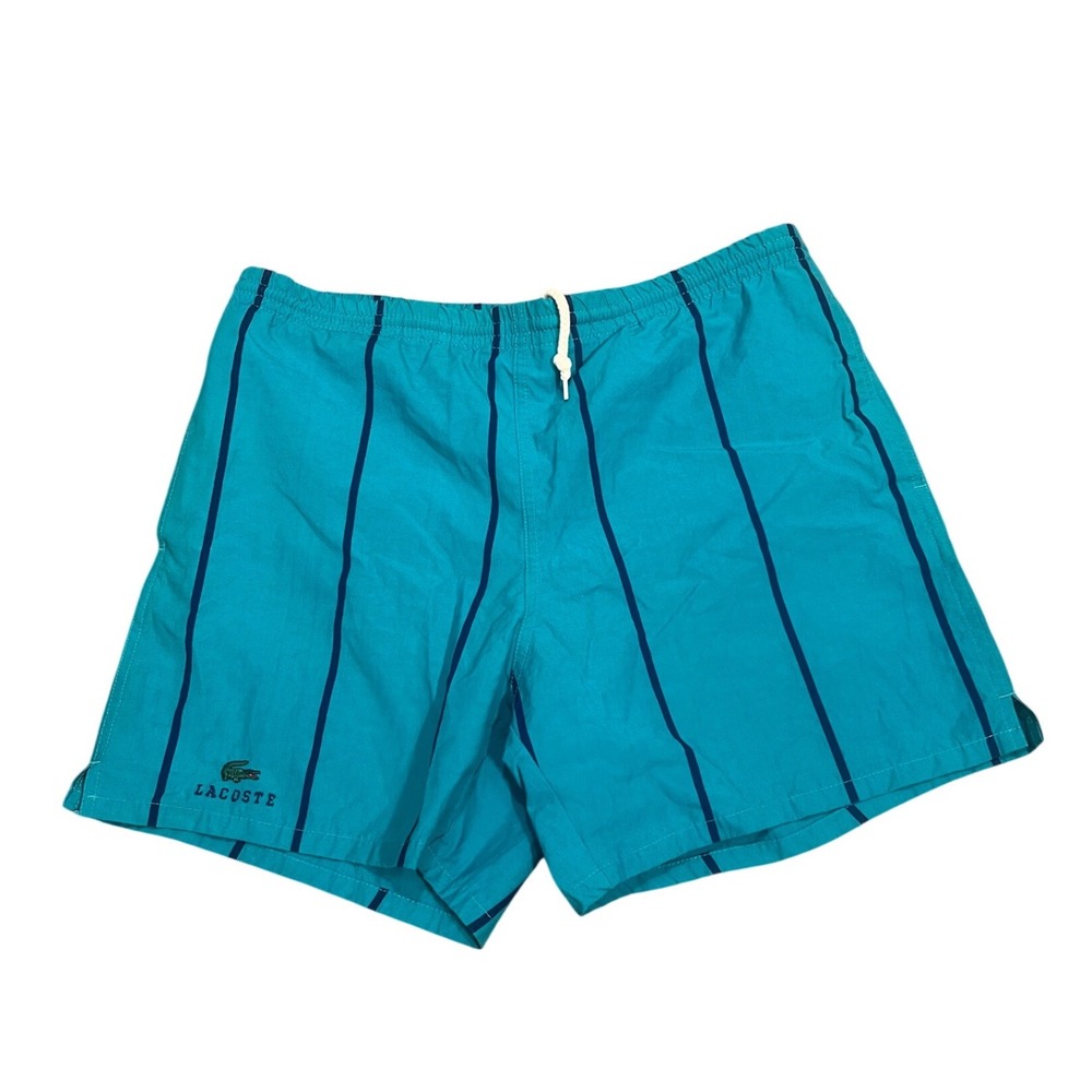 Vintage Izod Lacoste Mens Striped Swim Trunks Turquoise Blue Size M